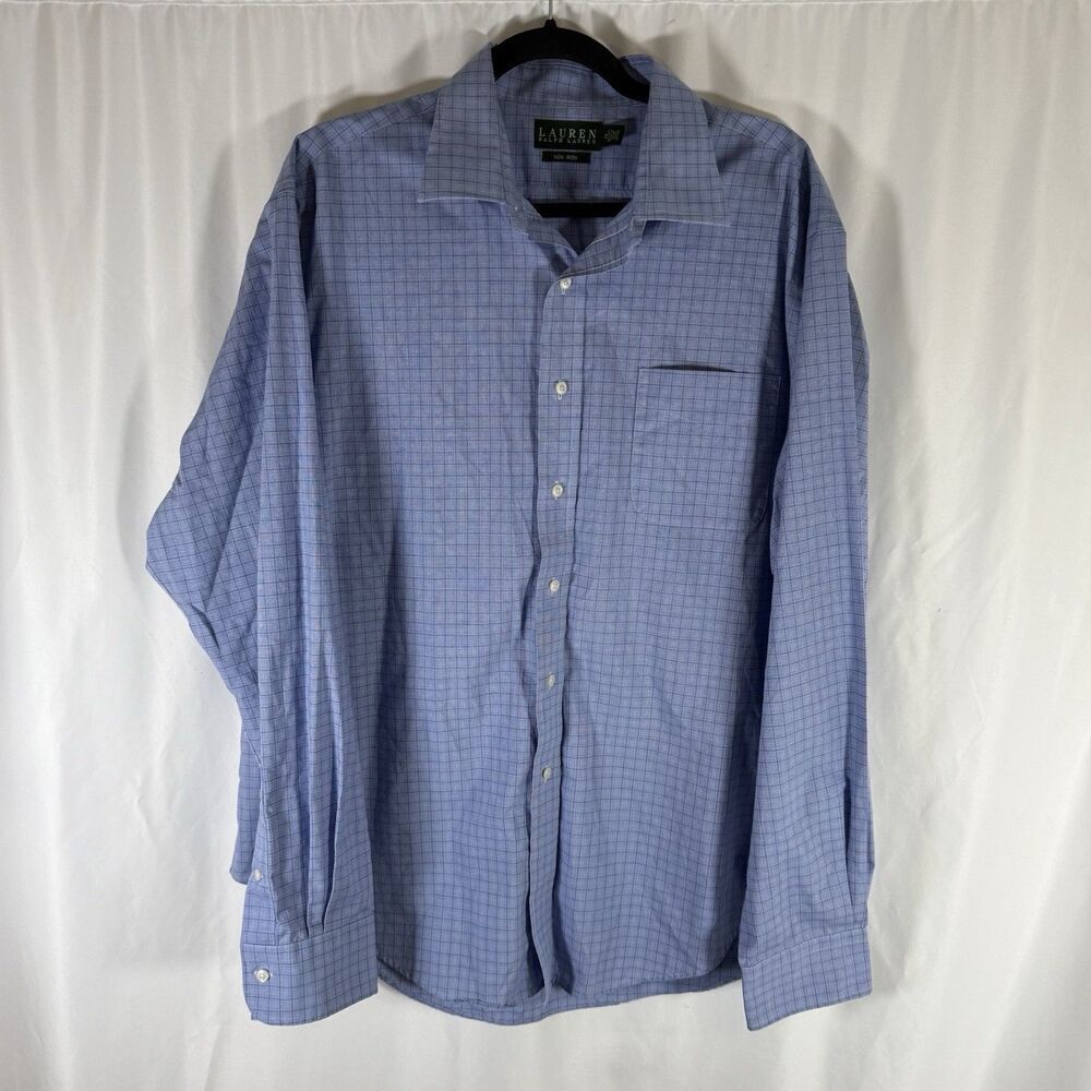 Lauren Ralph Lauren Dress Shirt Men's 17 36 37 Blue Plaid Buton Up Long Sleeve